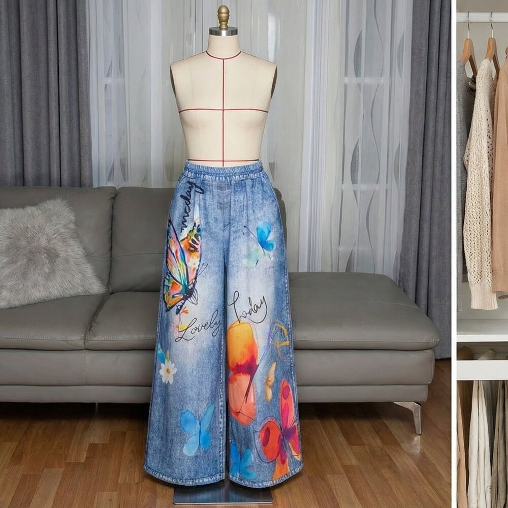 Butterfly Print Knit Denim Wide-Leg Pants | High Waist | Soft Stretch | M - Picture 7 of 14
